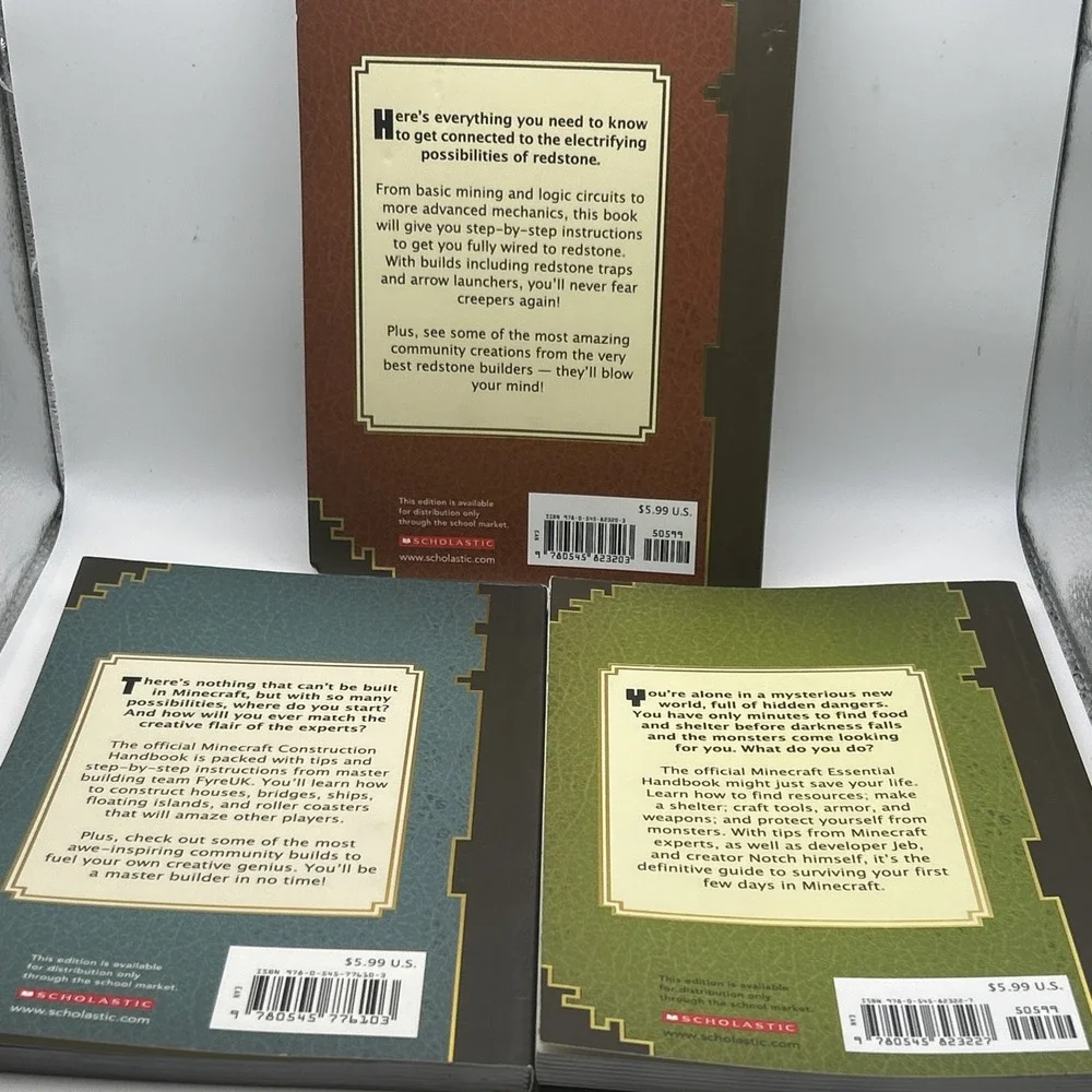 Mojang Minecraft Set/Lot Of 3 Paperback Books: Construction, Redstone, Essential